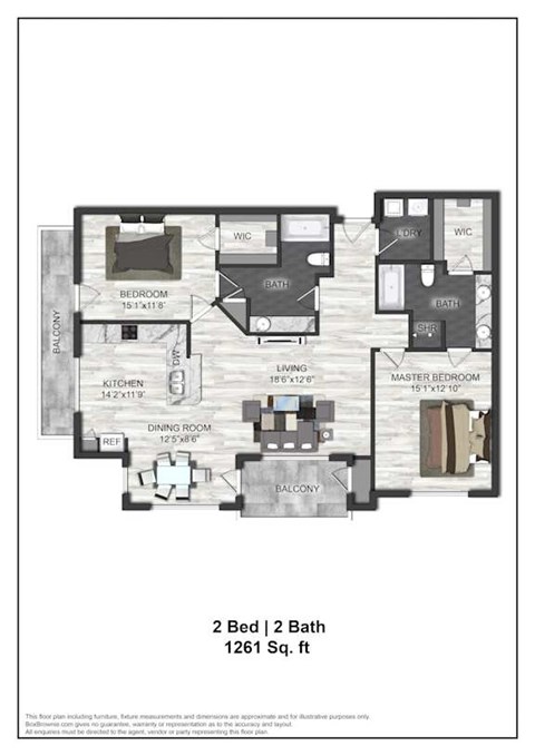 Floor plan for 2 beds, 2 baths, 1261 sqft